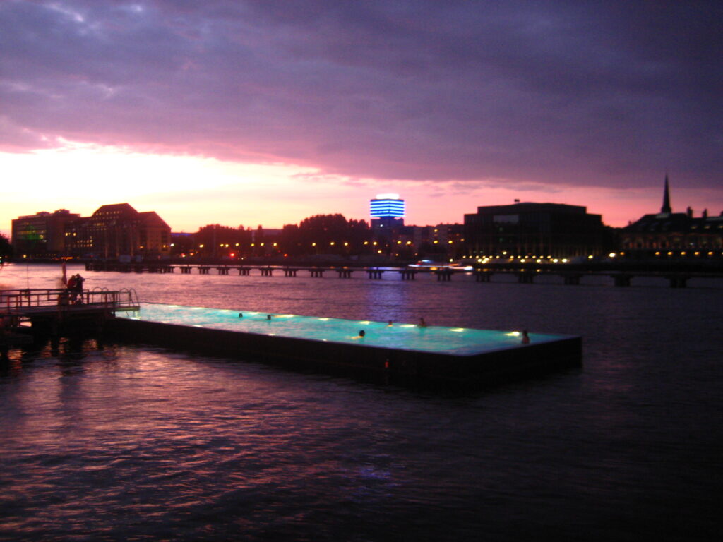 Berlin's Badeschiff at night.
