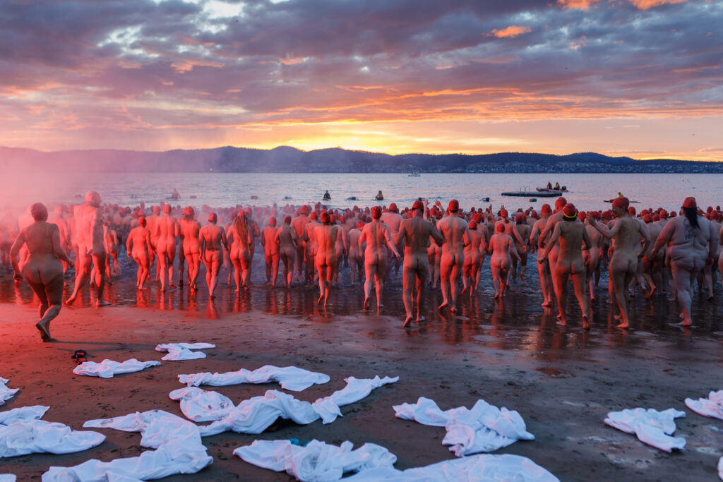 Naked people on a beach at sunset shows how it’s often too easy to slip into “performance mode,” wondering who’s watching or judging